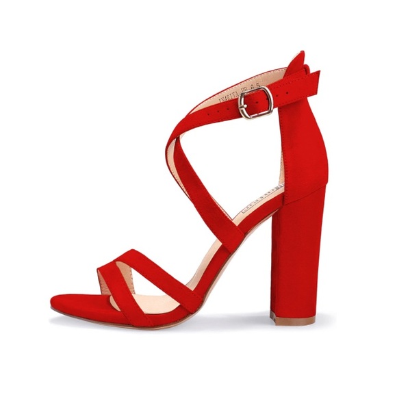 Chunky High Heel Sandal Strappy Open Toe Ankle Strap Red Suede - Picture 4 of 6